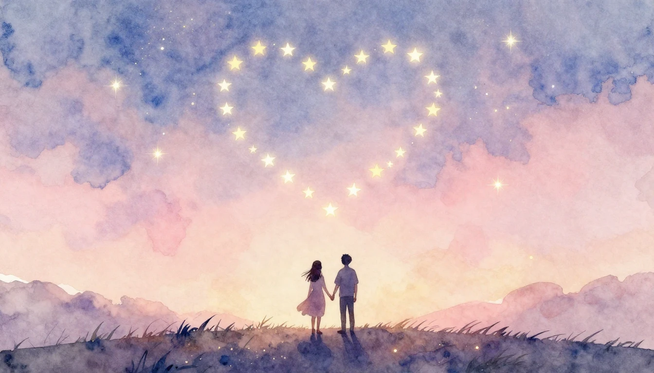 A soft, ethereal watercolor painting depicting a romantic sc...