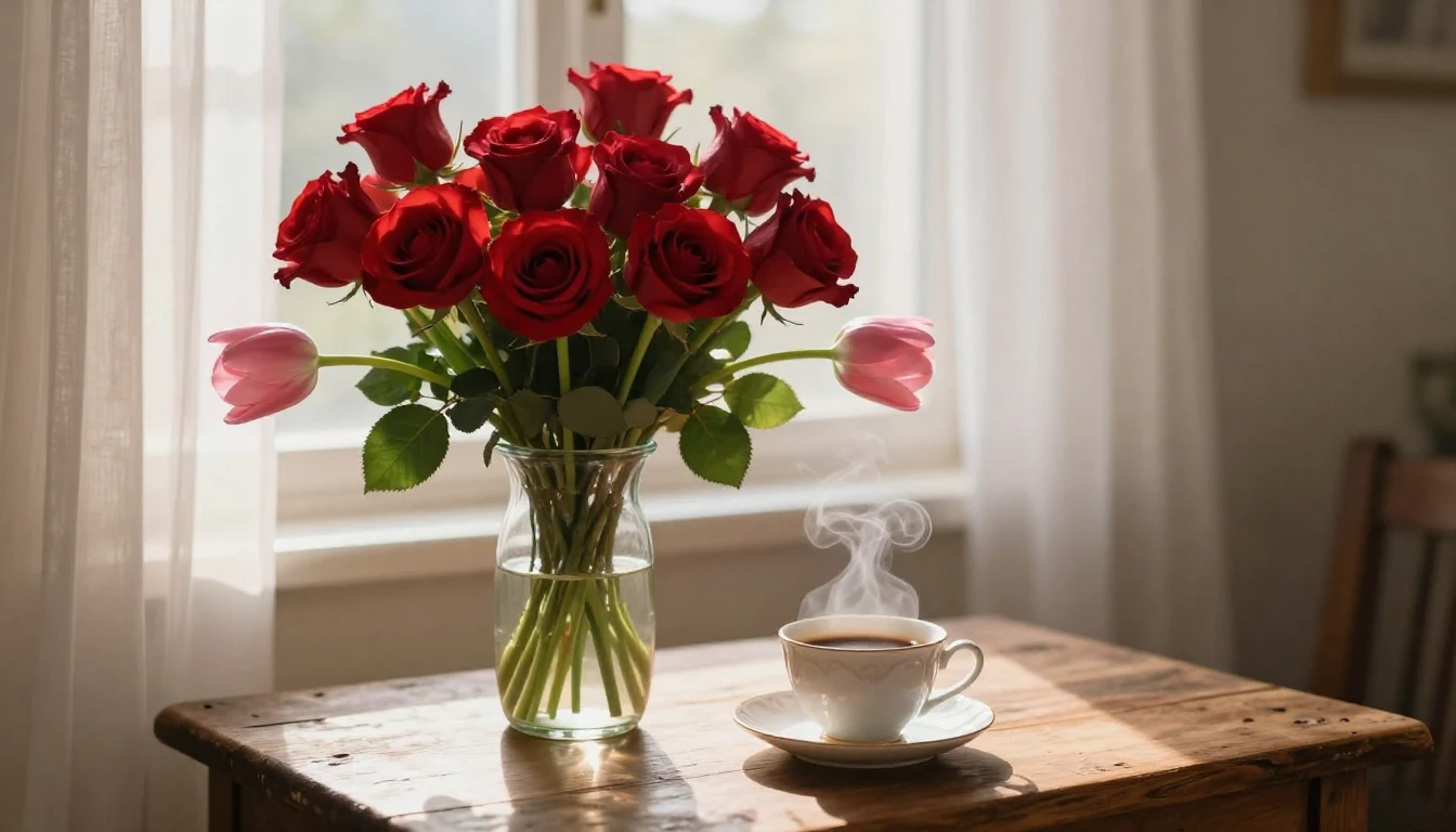 A romantic and soft composition featuring a large, lush bouq...