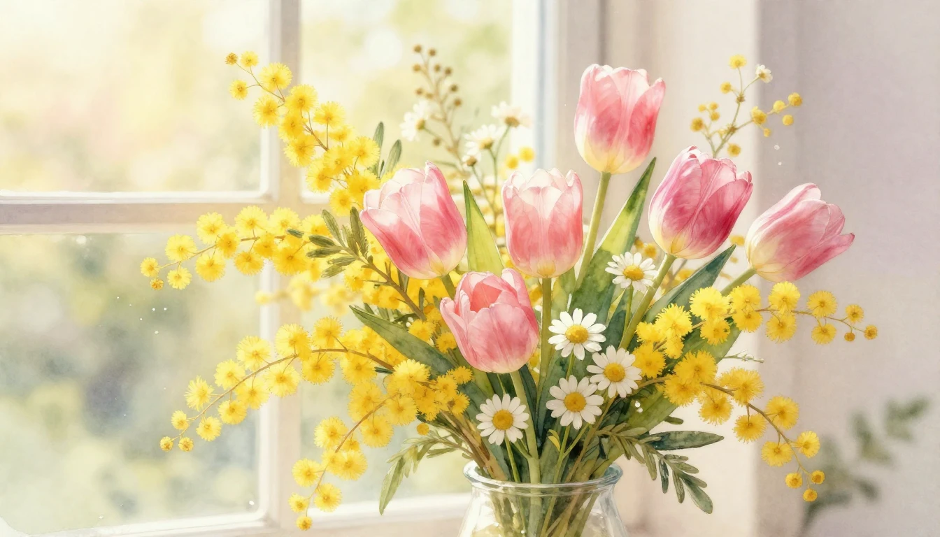 A delicate watercolor painting of a lush spring bouquet feat...