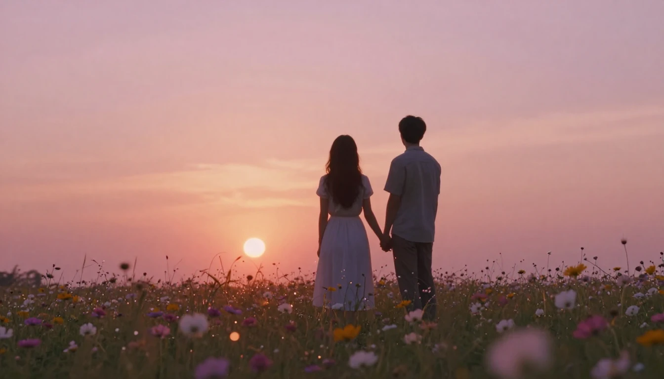 A romantic and ethereal scene of a couple standing on a flow...