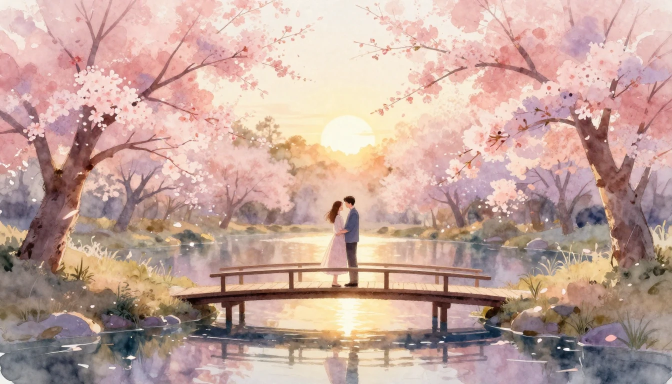 A romantic and dreamy watercolor illustration of a couple st...