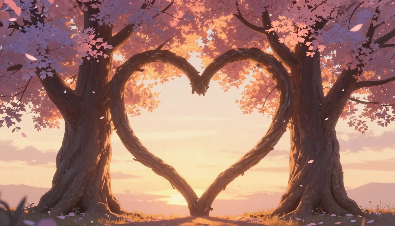 A dreamy and romantic composition featuring two large, ancie...