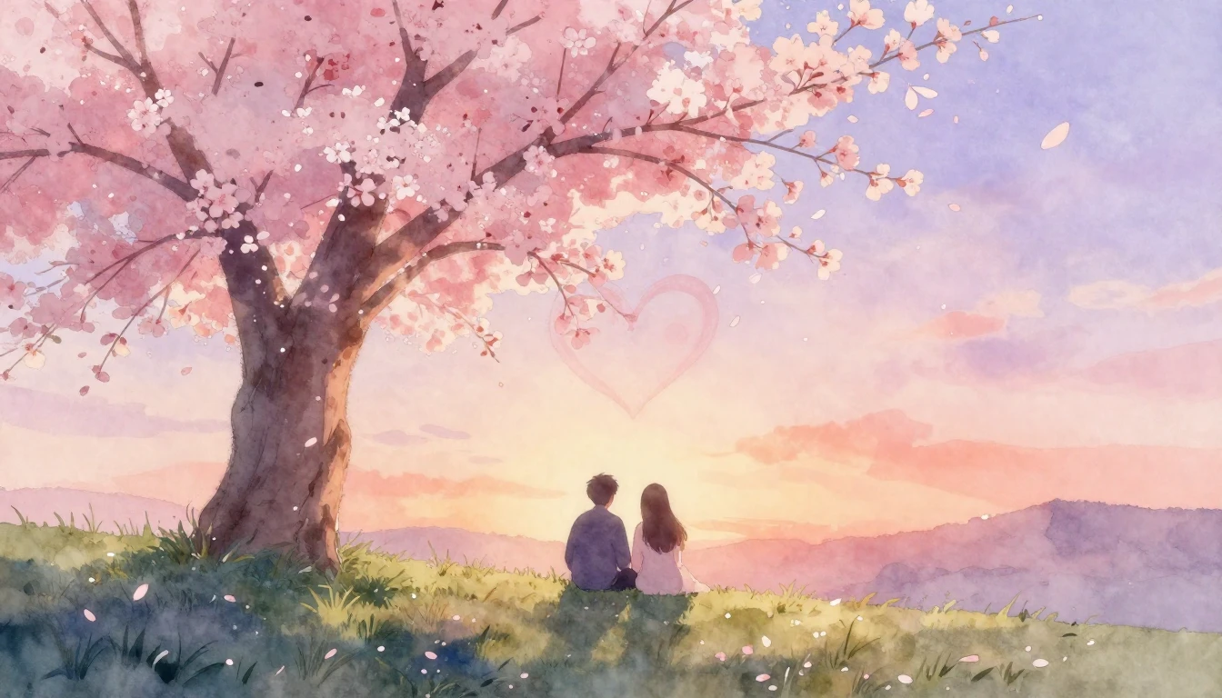 A soft and dreamy watercolor painting depicting a romantic s...