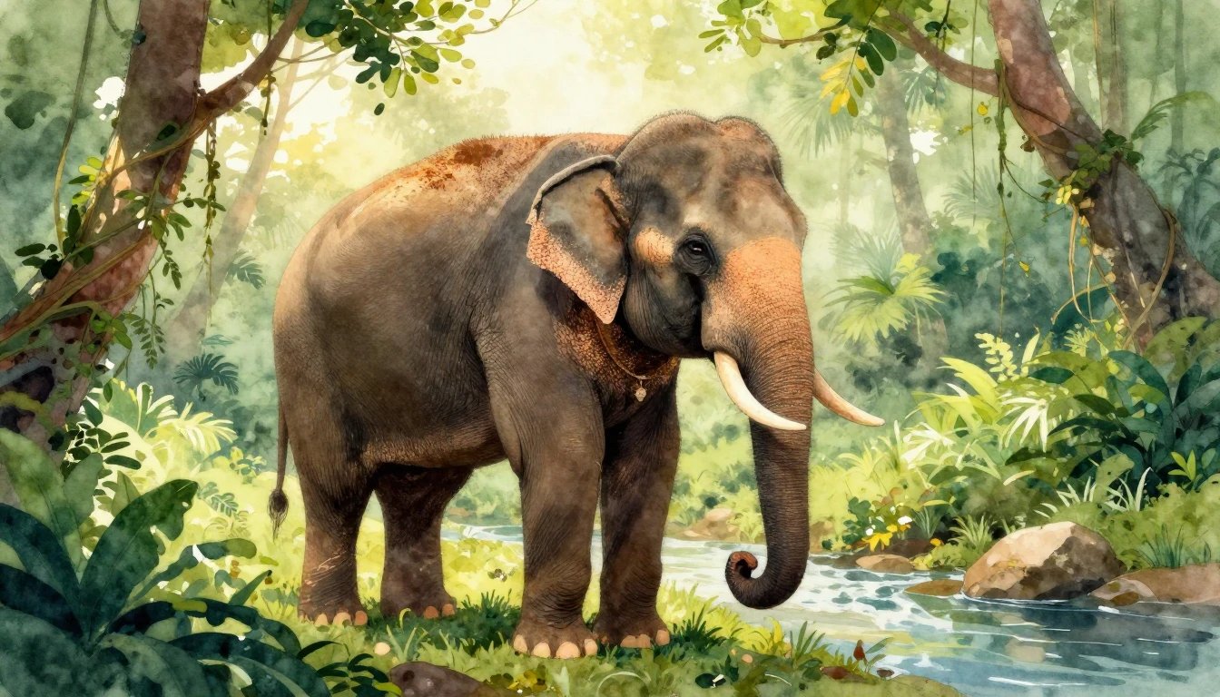 A majestic Asian elephant standing peacefully in a lush, anc...