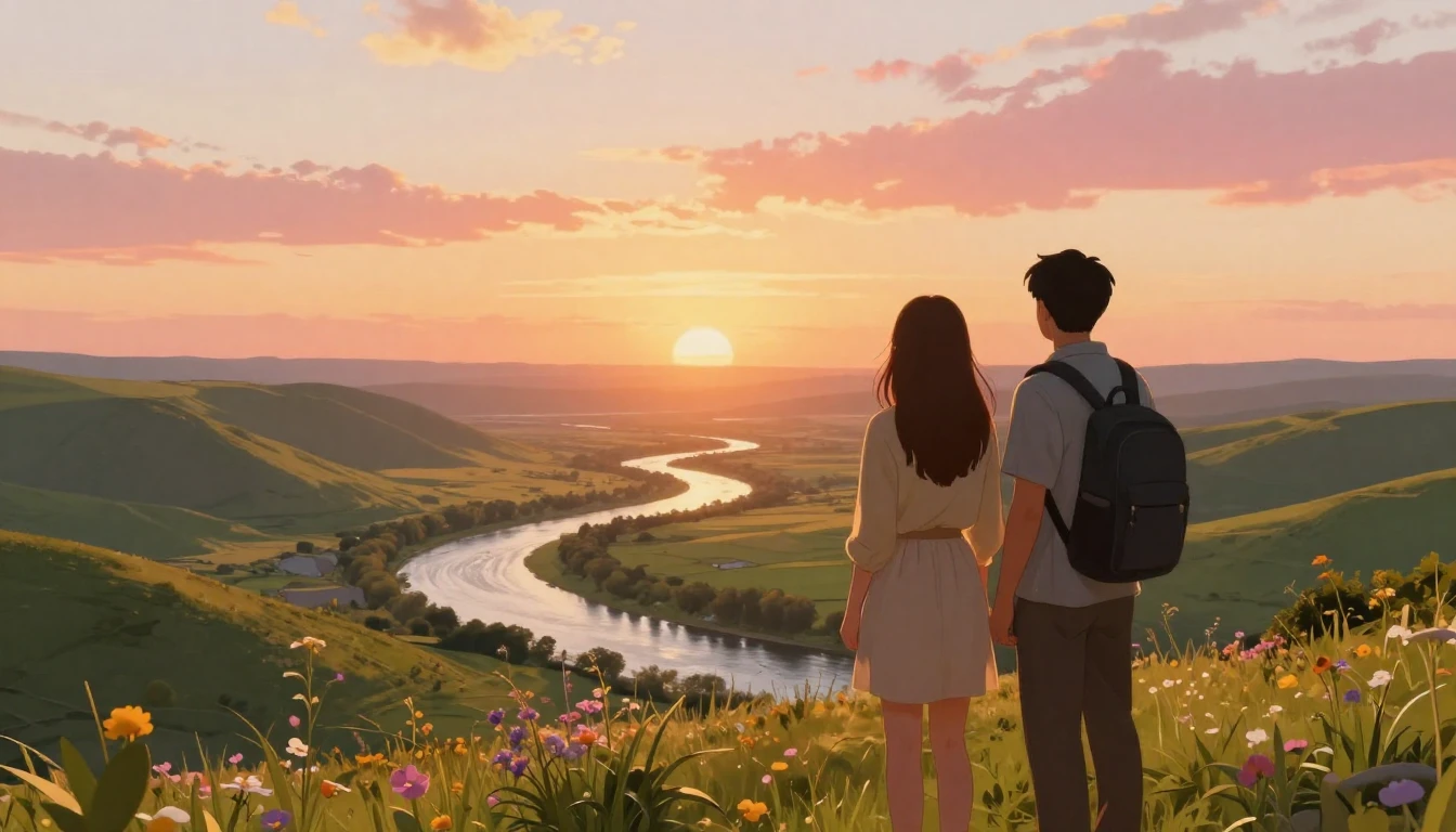 A heartwarming scene of two close friends standing on a high...