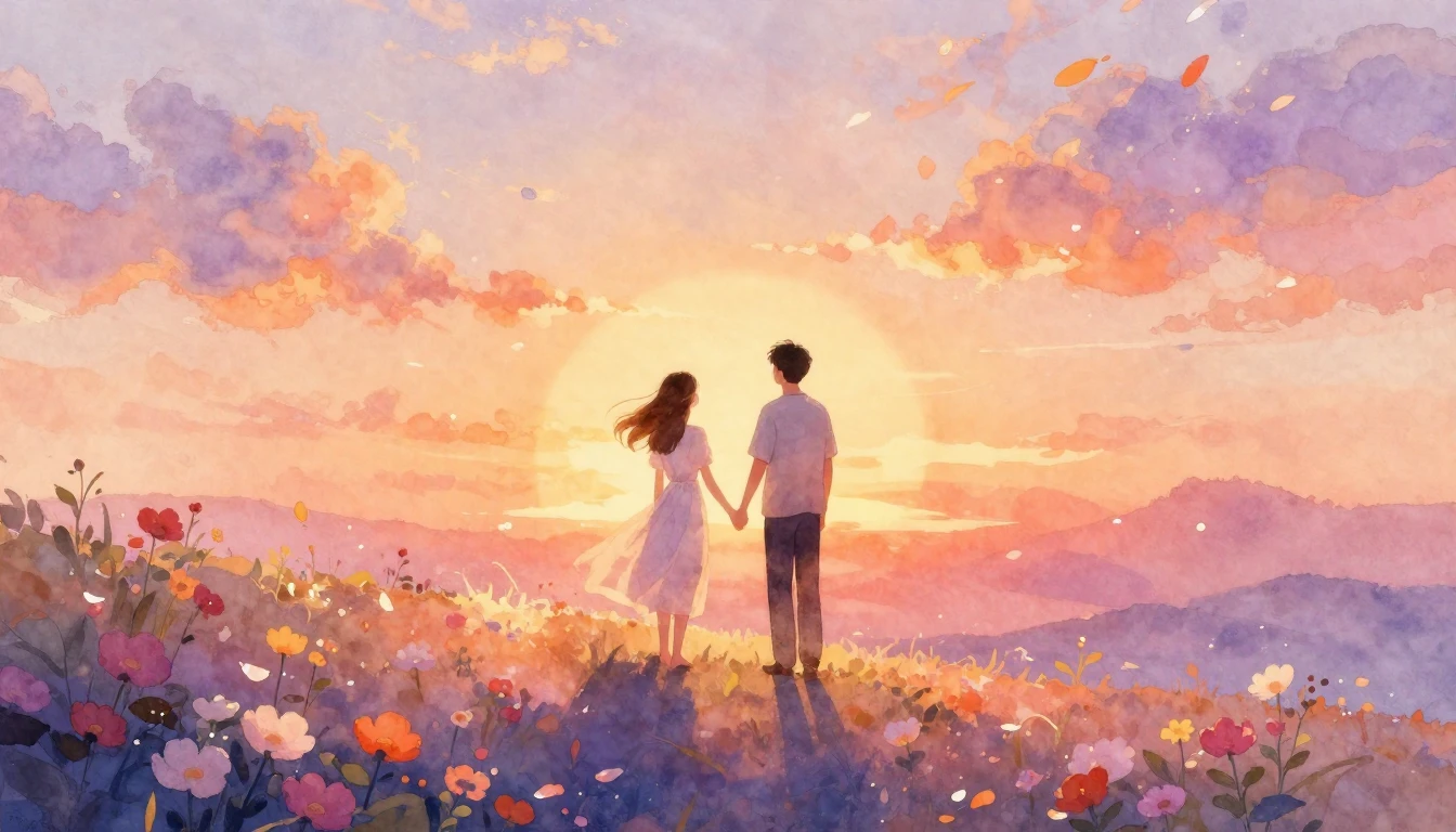 A dreamy and romantic watercolor illustration of a couple st...