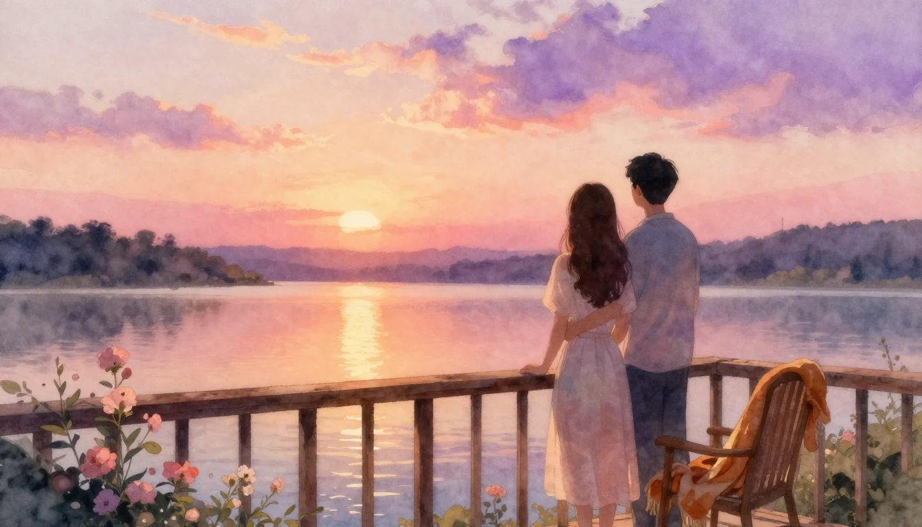 A breathtakingly romantic scene in a soft watercolor style. ...