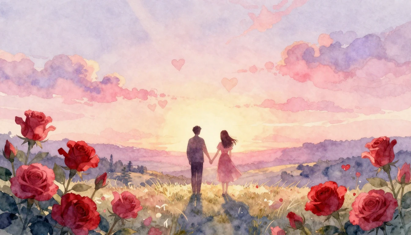 A soft and dreamy watercolor illustration depicting a romant...