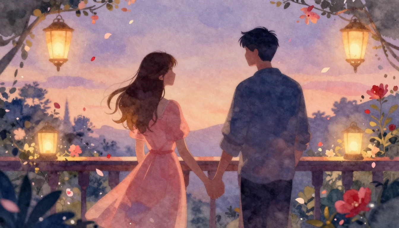 A romantic and ethereal watercolor illustration of two silho...