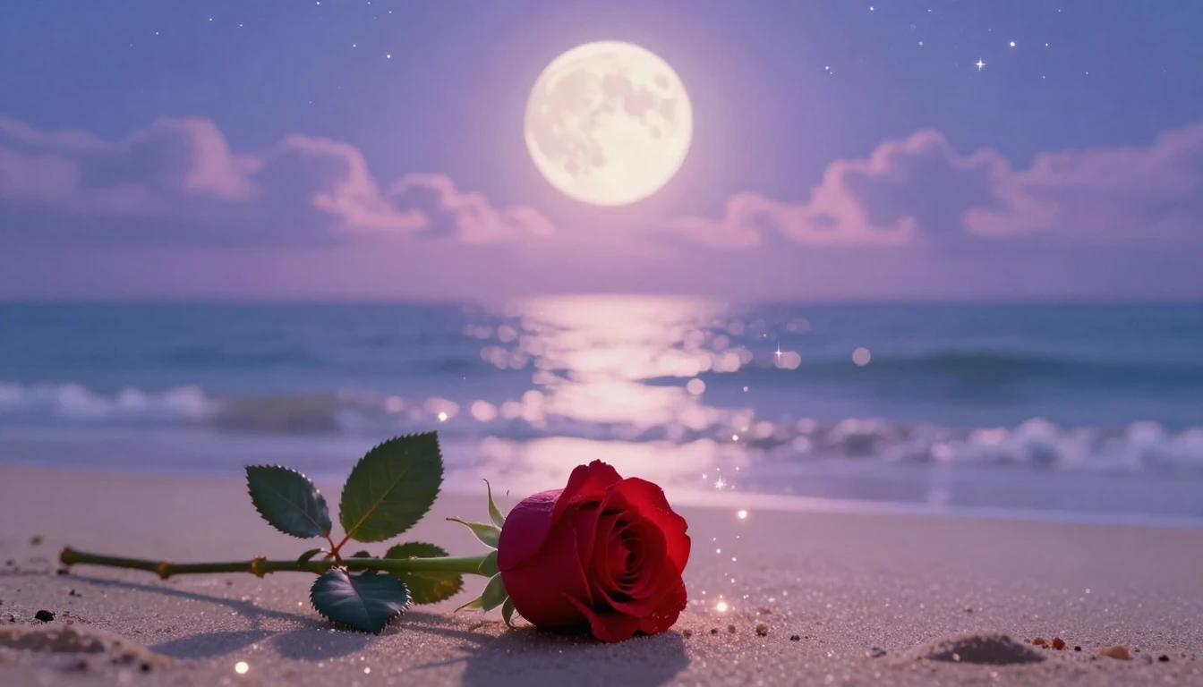 A soft and dreamy romantic scene featuring a glowing full mo...