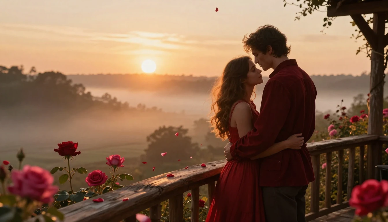 A cinematic and romantic scene at golden hour. Two lovers ar...