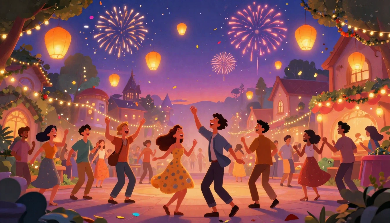 A vibrant and joyful scene of a global celebration in a whim...