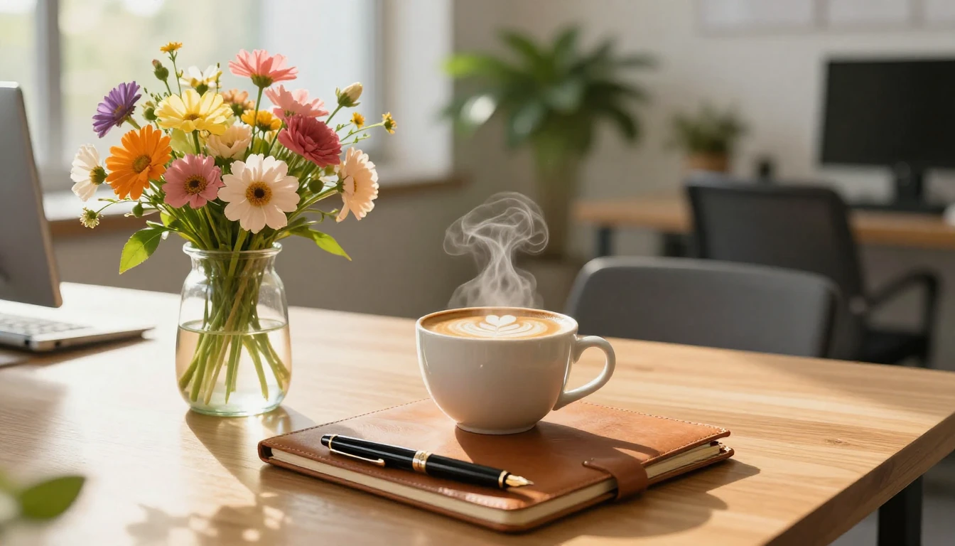 A warm and inviting workspace scene bathed in soft, golden m...