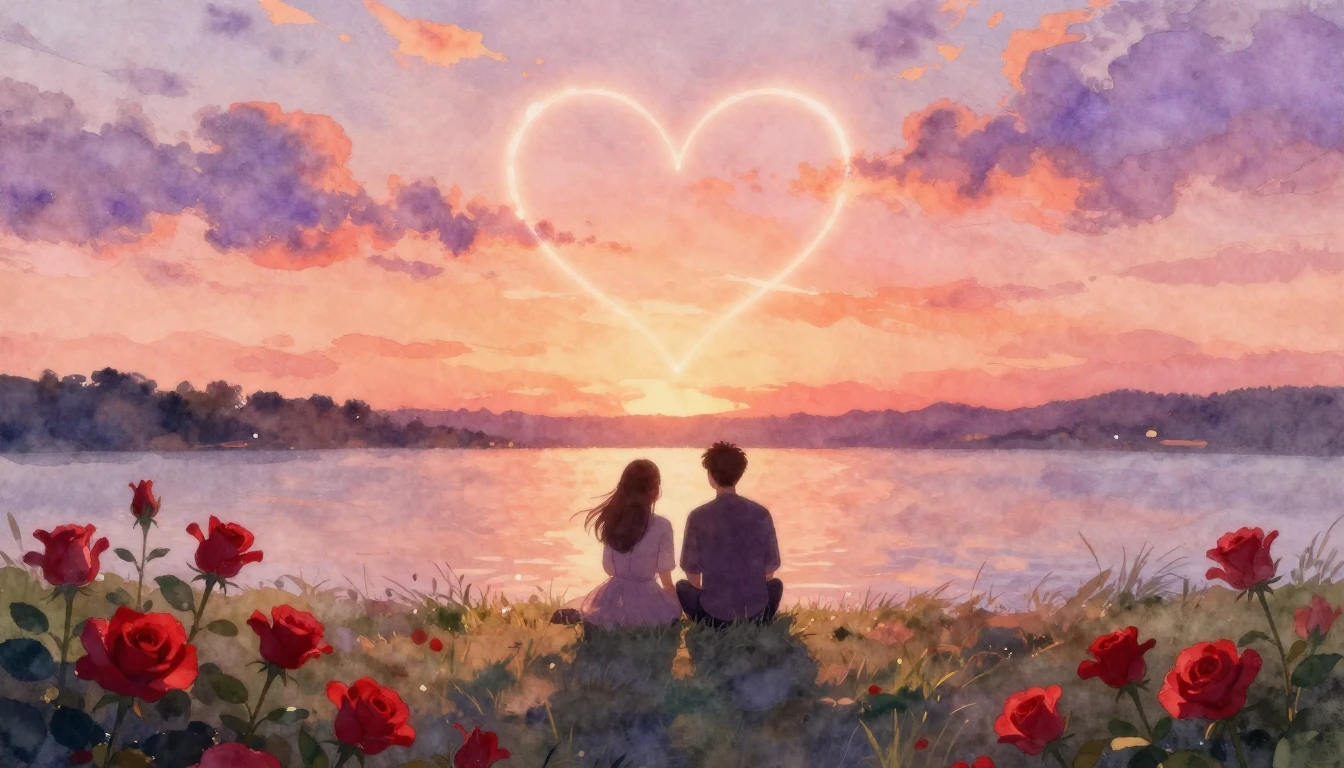 A romantic and dreamy watercolor painting featuring two silh...