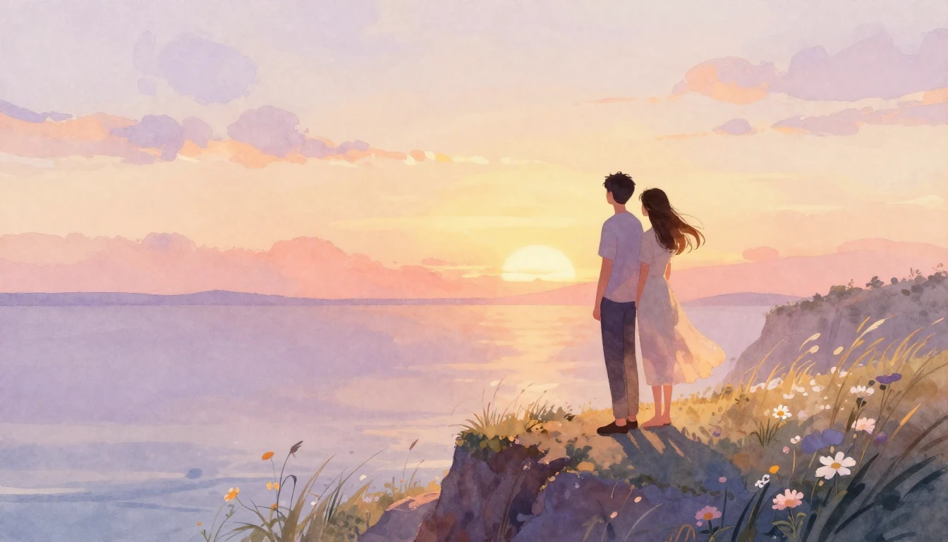 A dreamy and romantic watercolor illustration of a couple st...