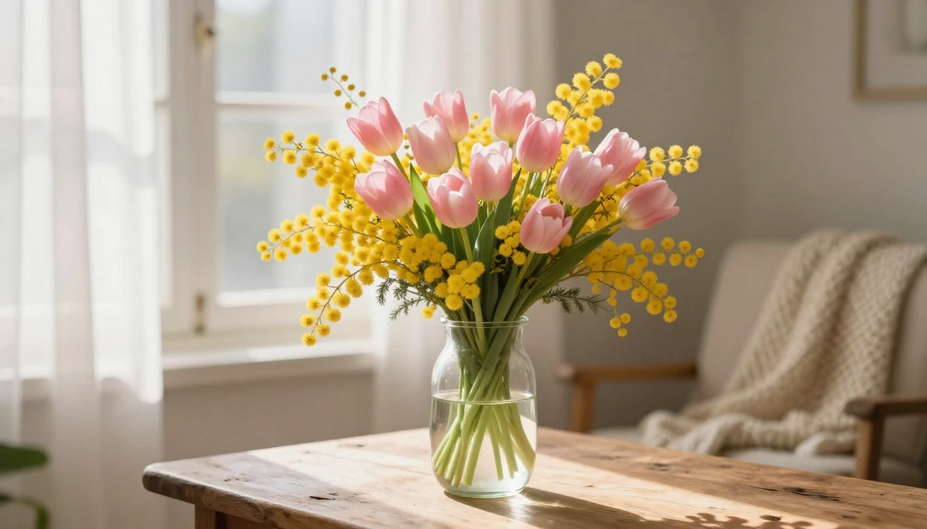 A beautiful and delicate bouquet of spring flowers featuring...
