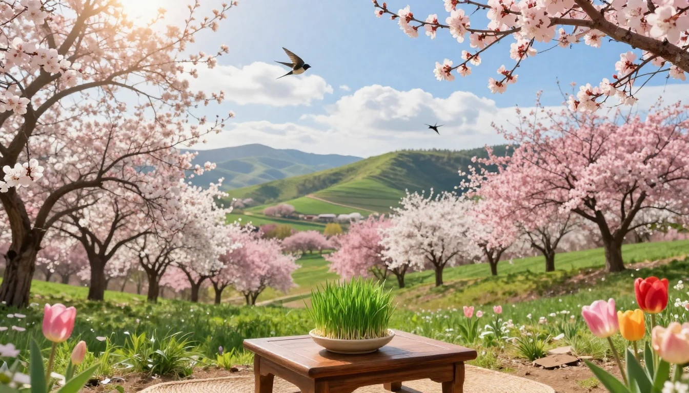 A breathtaking spring landscape featuring blooming apricot a...
