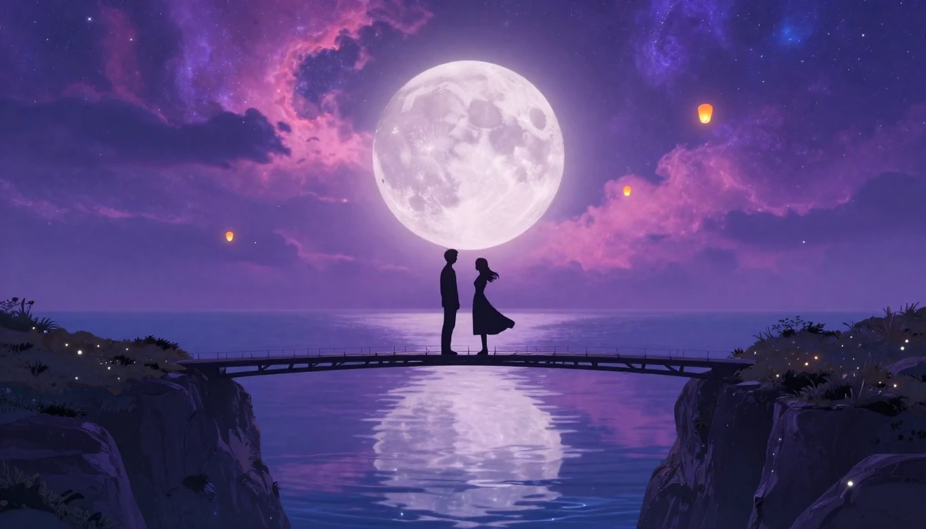 A romantic and surreal scene depicting two silhouettes stand...