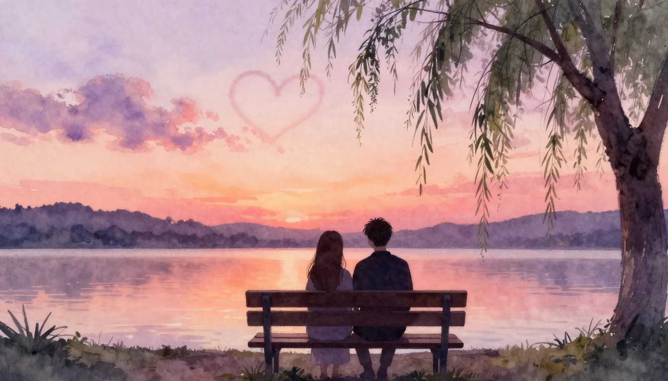 A soft, dreamy watercolor painting depicting two silhouettes...