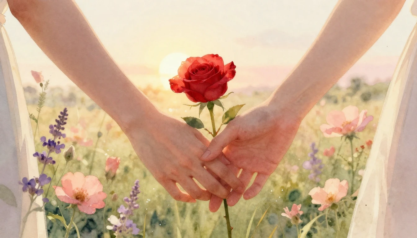 An intimate and romantic scene in a soft watercolor style fe...