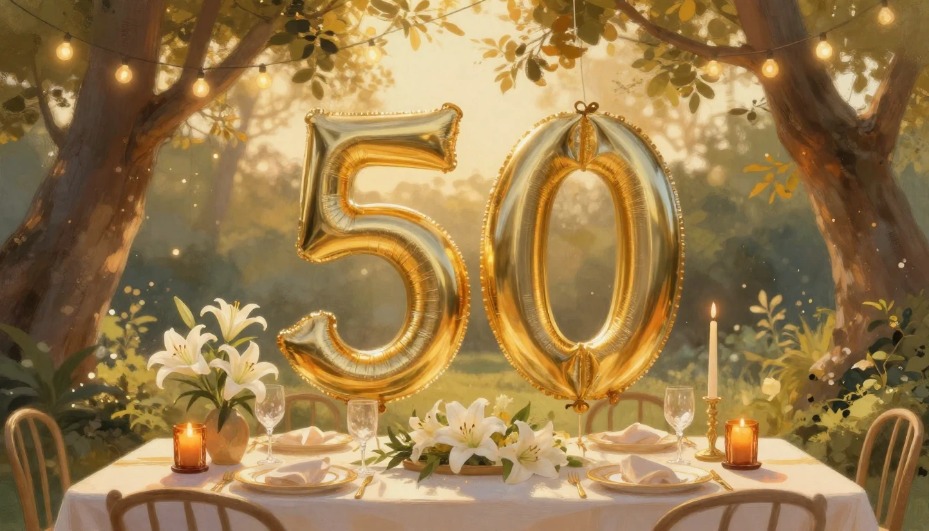 A warm and celebratory scene marking a 50th milestone. The s...