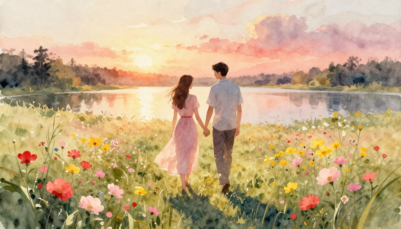 A romantic and ethereal watercolor painting of a couple walk...
