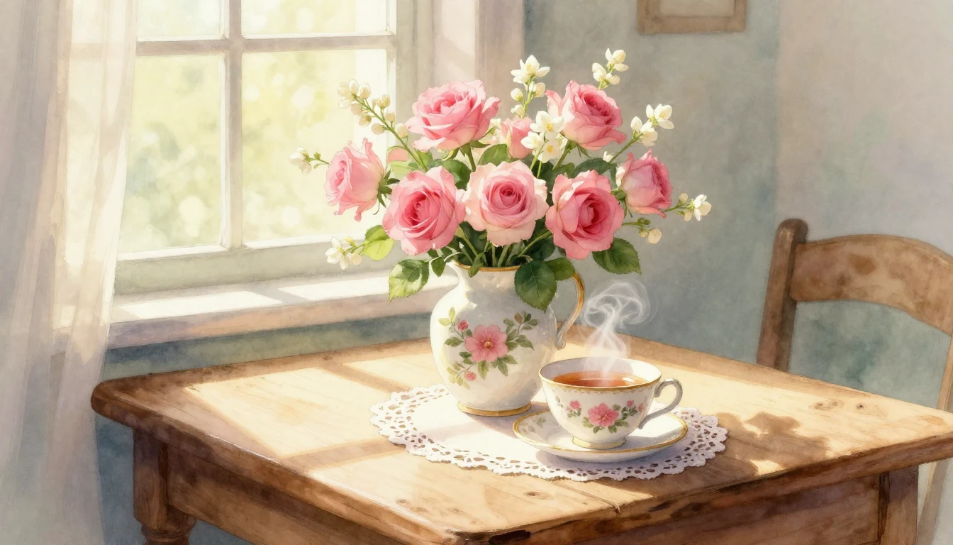 A soft and dreamy watercolor painting depicting a rustic woo...