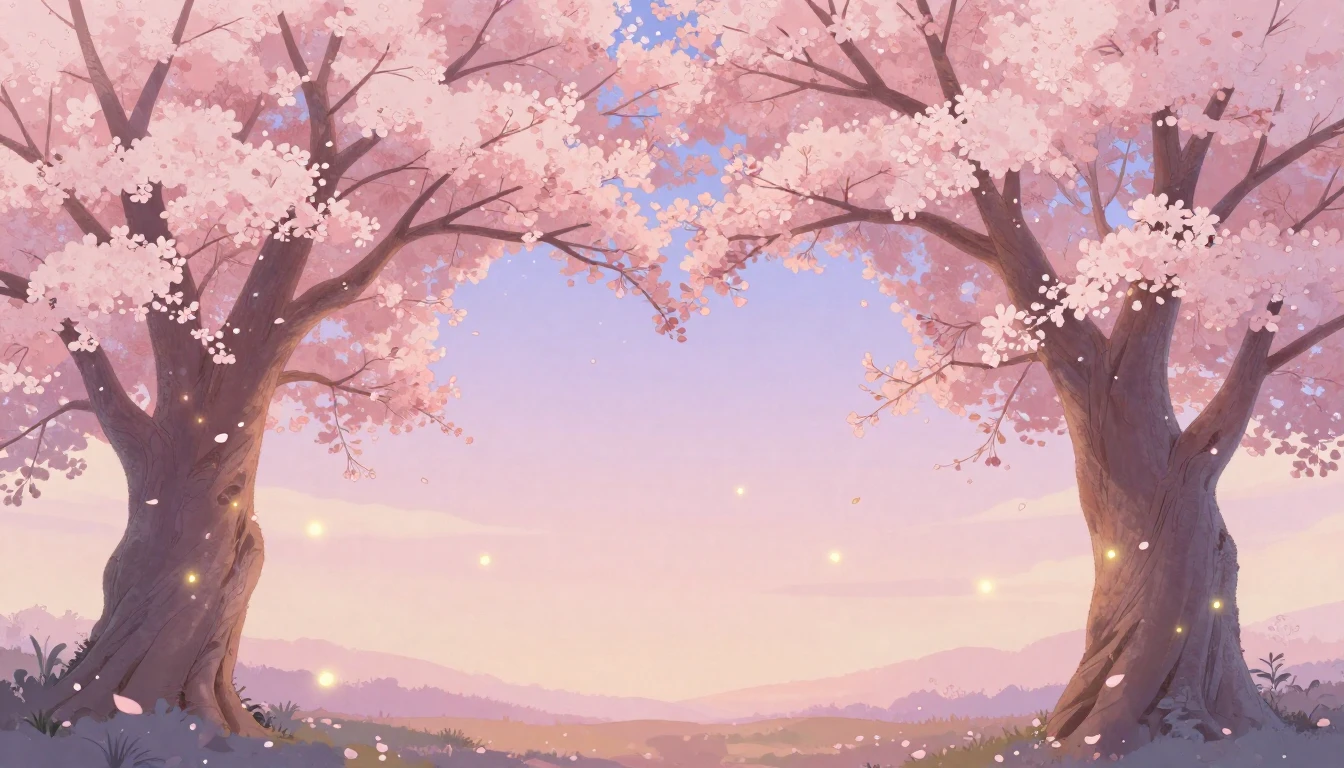 A soft and ethereal illustration of two large, ancient cherr...