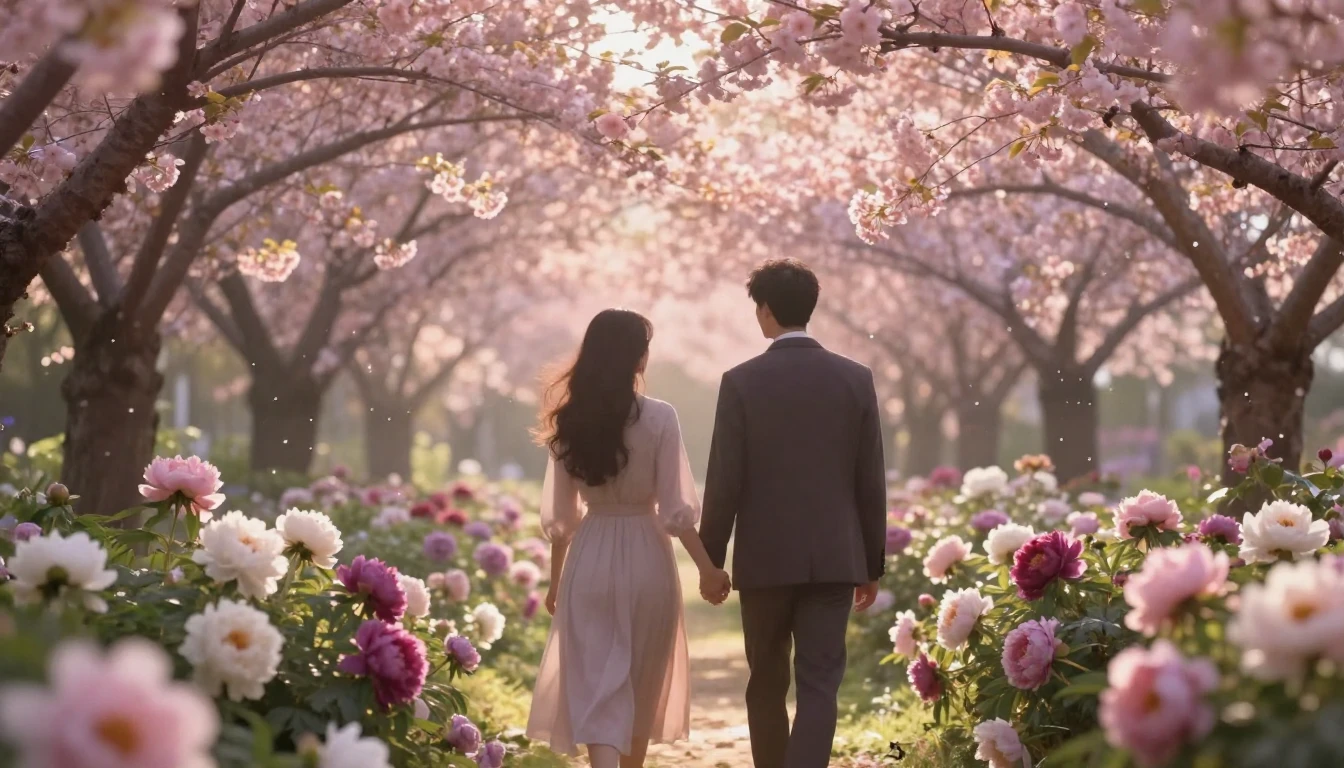 A romantic and dreamlike scene of two silhouettes walking ha...