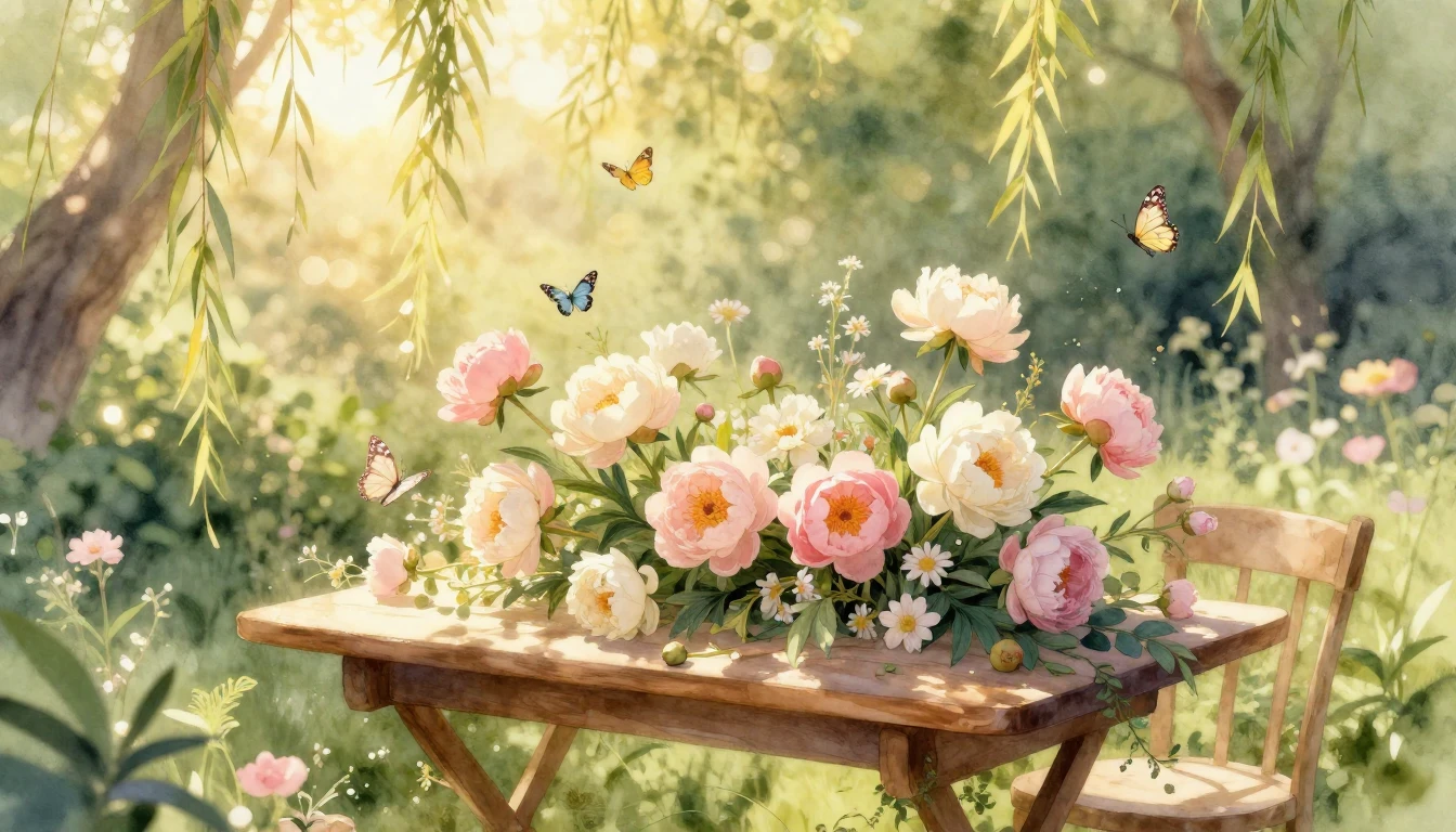 A dreamlike watercolor painting of a lush, sun-drenched gard...