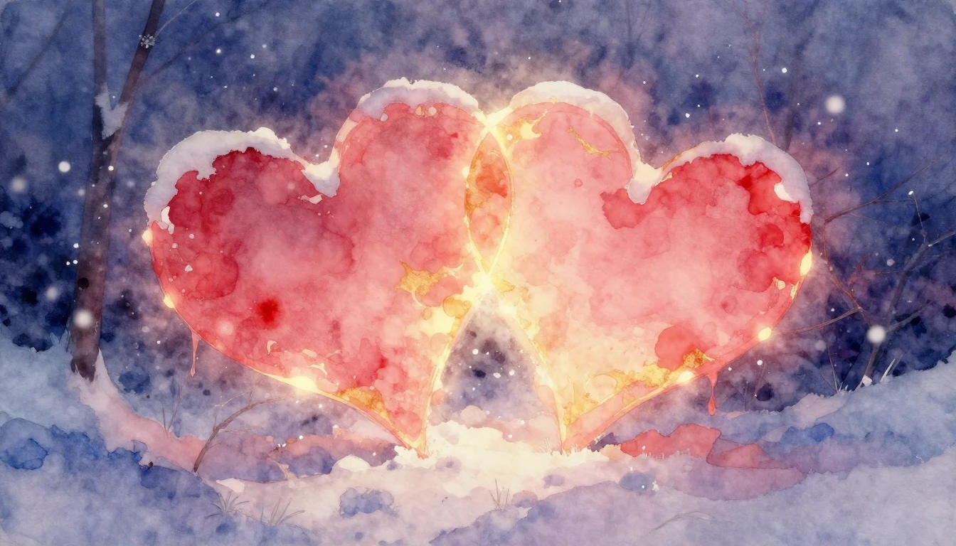 A soft and dreamy watercolor painting depicting two glowing,...