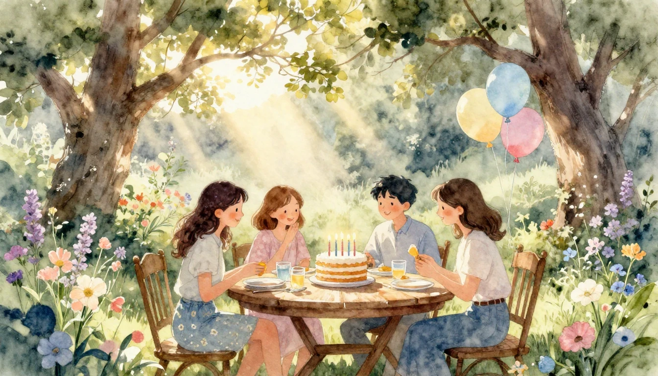 A heartwarming watercolor illustration of a sunlit afternoon...