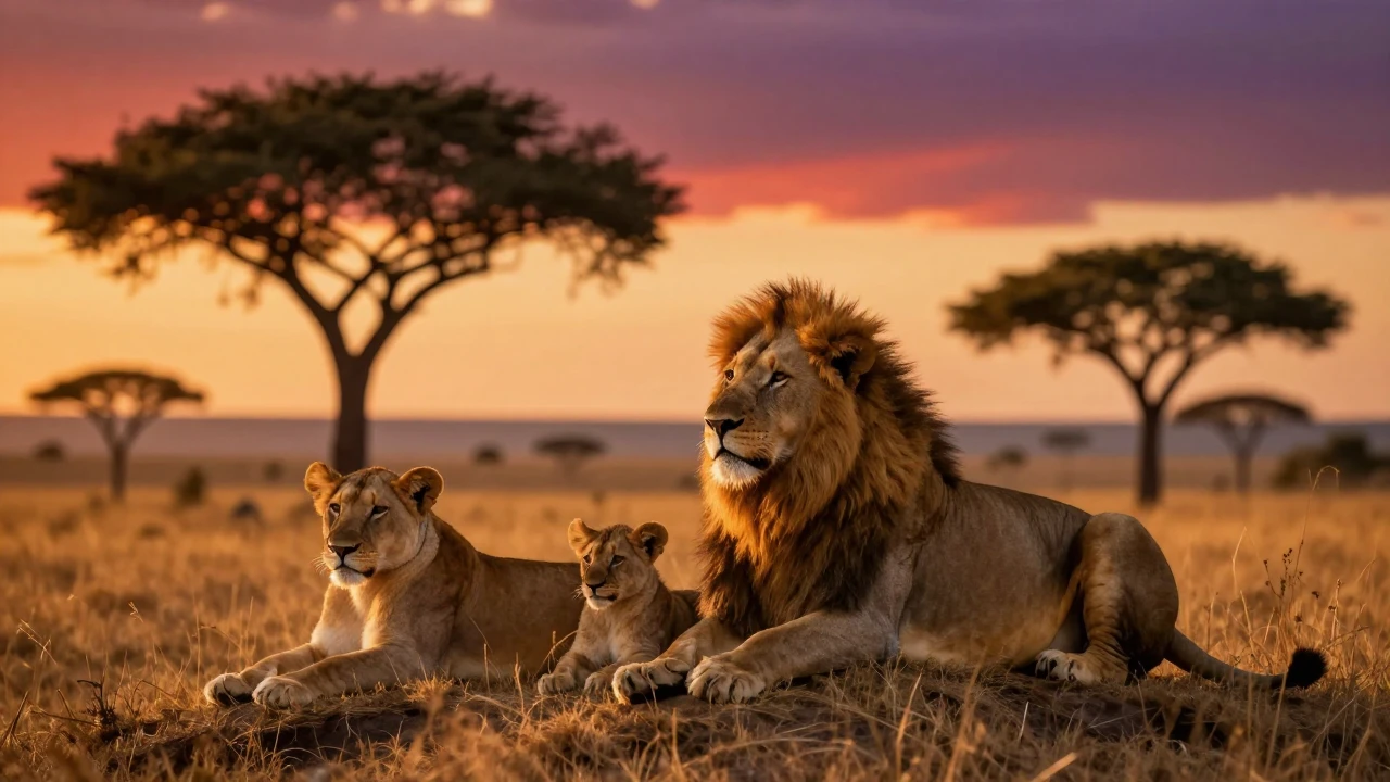 A majestic lion pride resting together on a grassy hill in t...