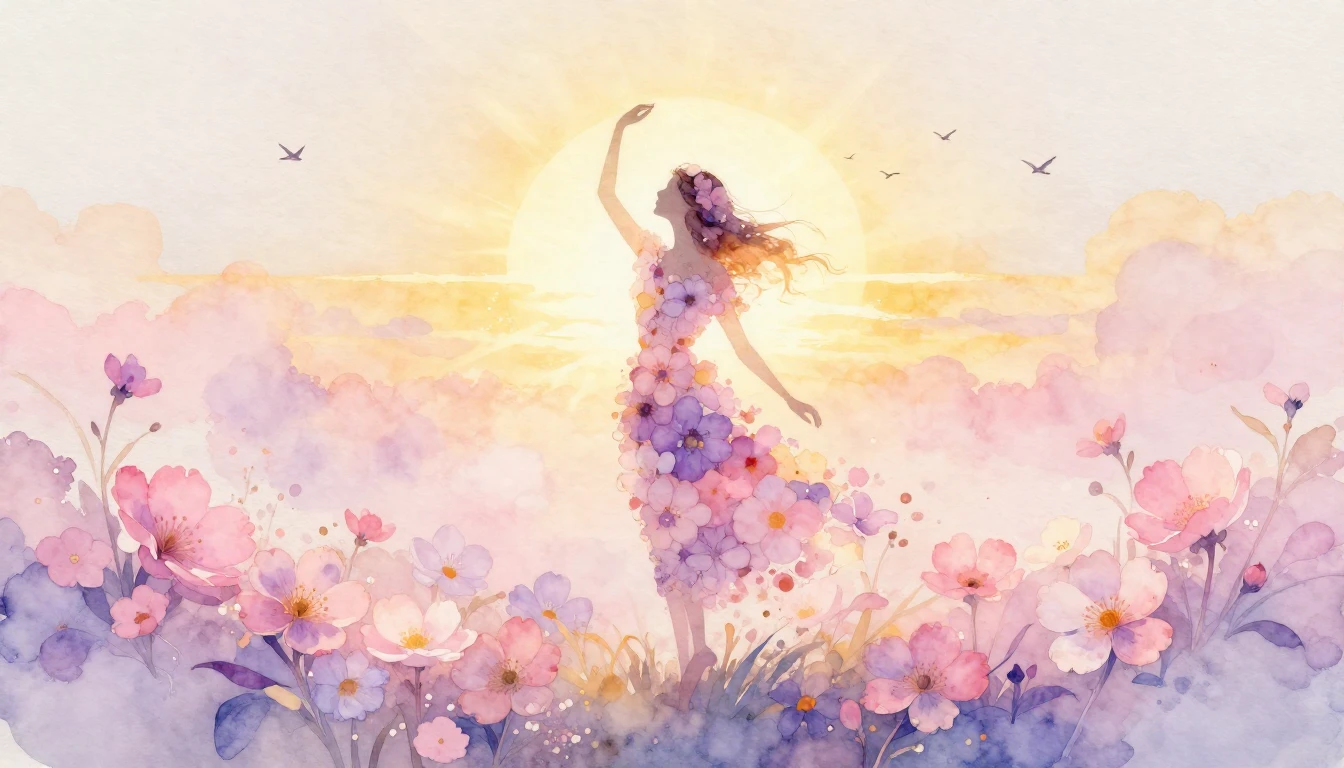 A soft and ethereal watercolor painting depicting a silhouet...