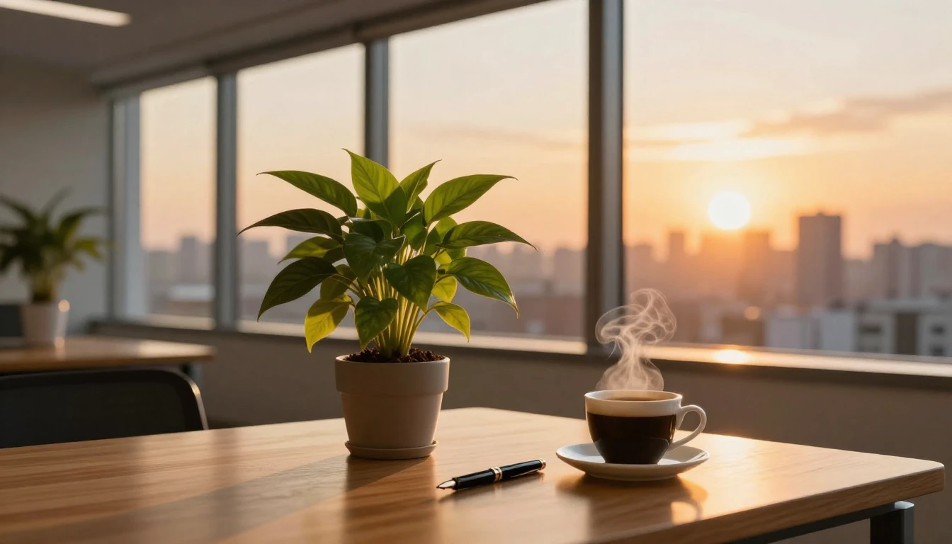 A bright and modern office interior during a golden hour sun...