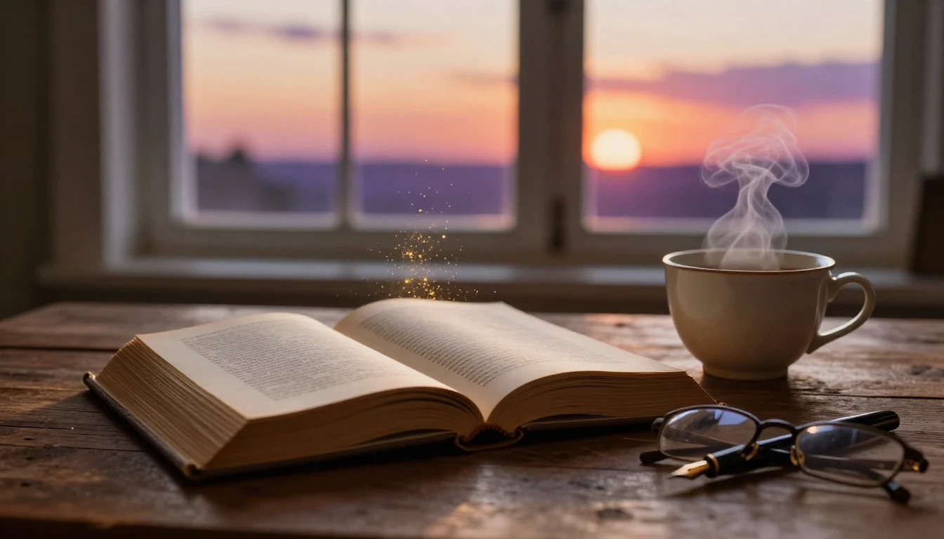A warm and inviting scene featuring an open ornate book on a...
