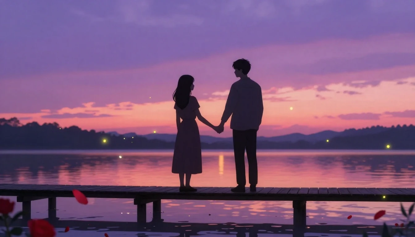 A romantic and dreamy illustration of two silhouetted figure...