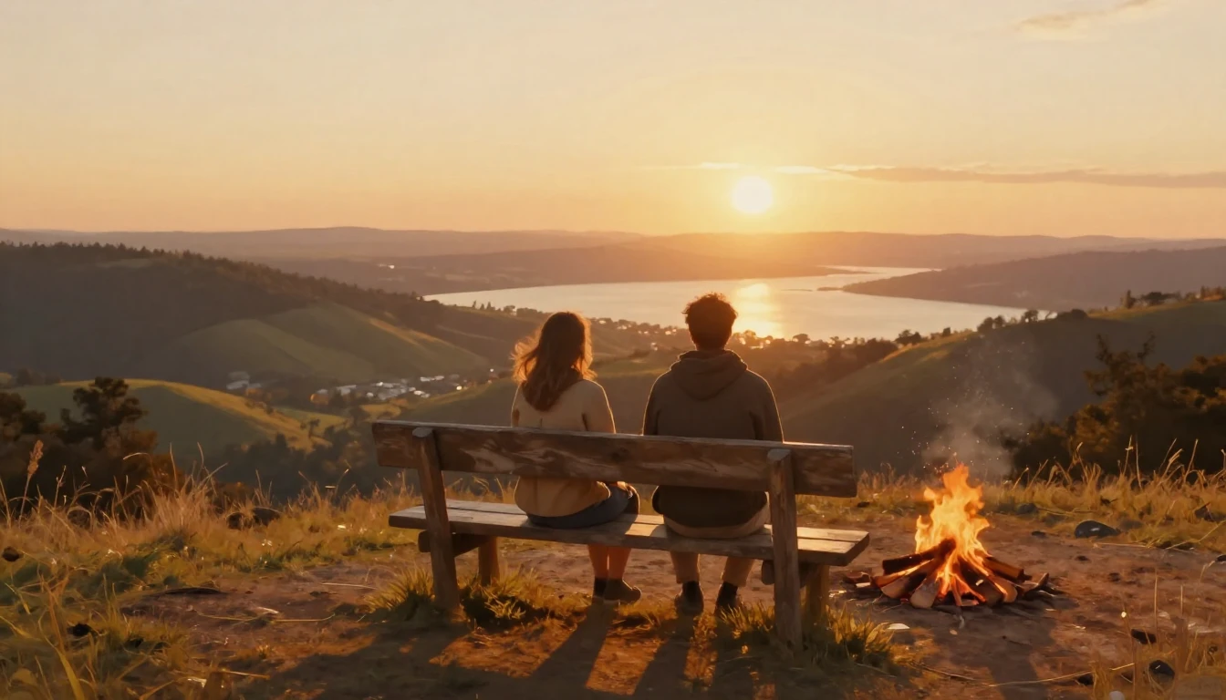 Two friends sitting on a rustic wooden bench on a hilltop du...