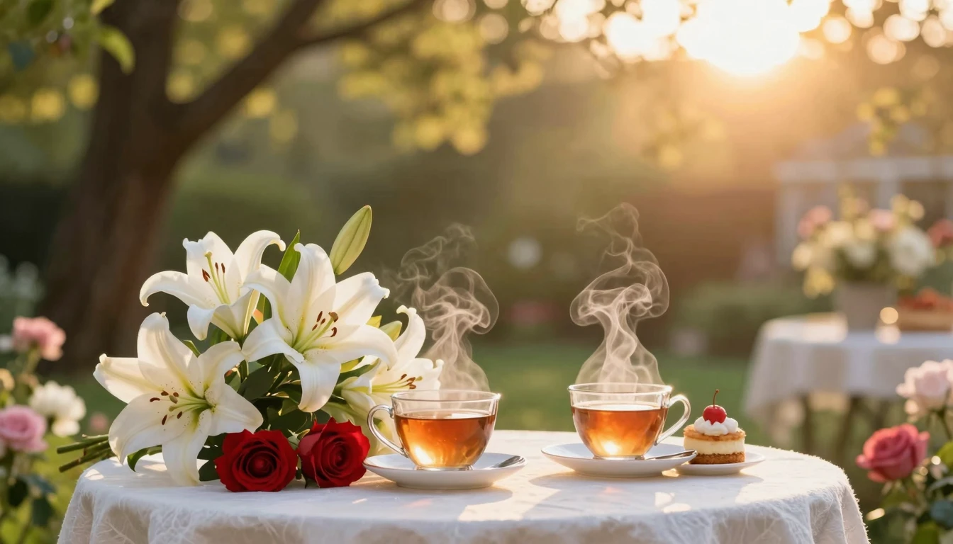 A romantic and cozy atmosphere showing a beautifully set tab...