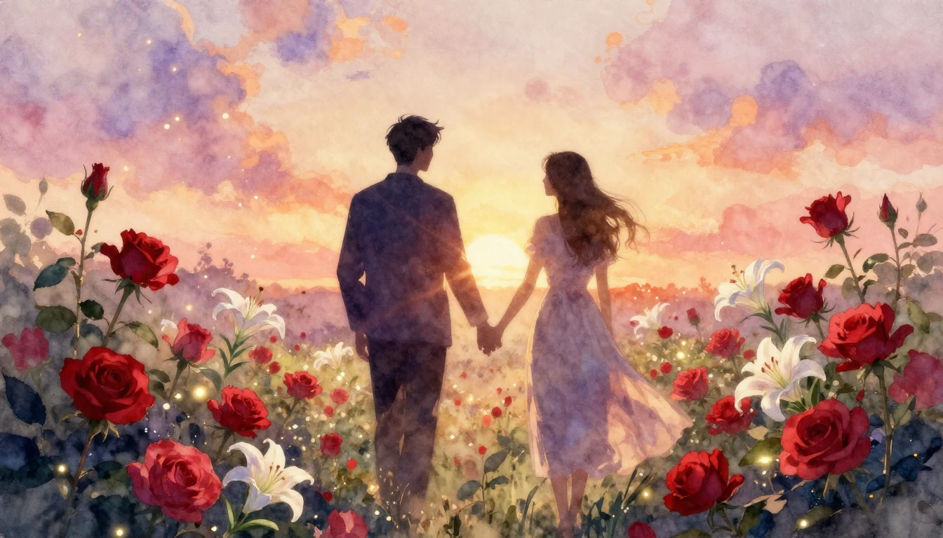 A romantic and ethereal watercolor painting of two silhouett...