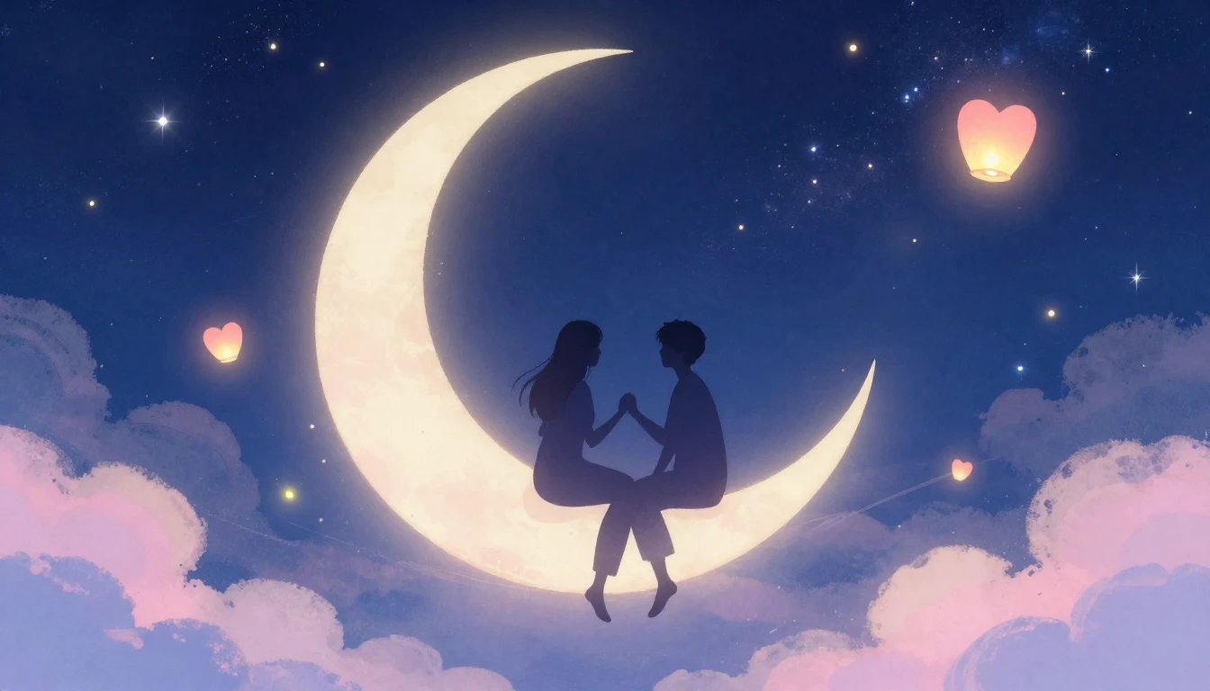 A romantic and dreamy illustration featuring two silhouettes...
