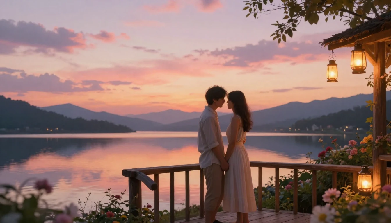 A romantic and intimate scene of a couple standing on a rust...
