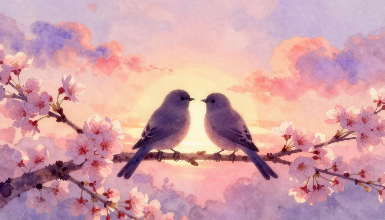 A soft, dreamy watercolor painting featuring two silhouette ...