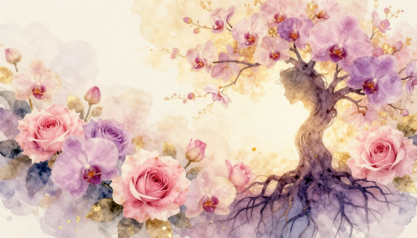A beautiful, flowing watercolor painting of blooming flowers...