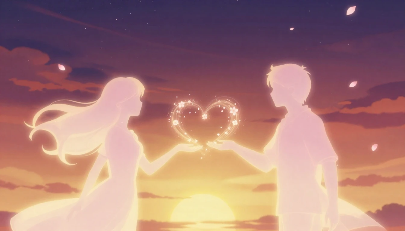 A romantic and dreamlike scene featuring two glowing, transl...