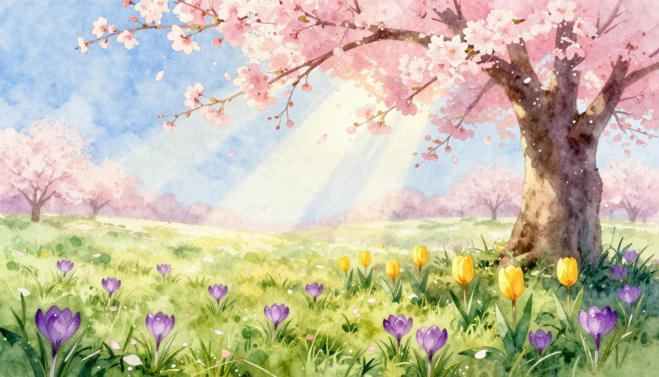 A soft and airy watercolor painting depicting a vibrant spri...