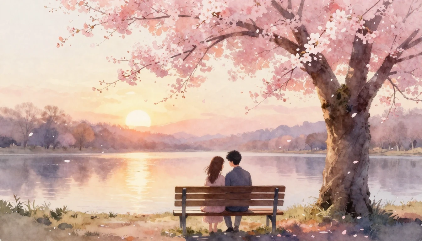 A romantic and ethereal watercolor painting of a couple sitt...