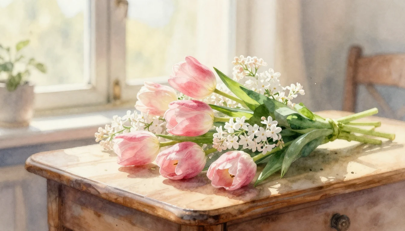 A romantic and soft watercolor painting depicting a beautifu...