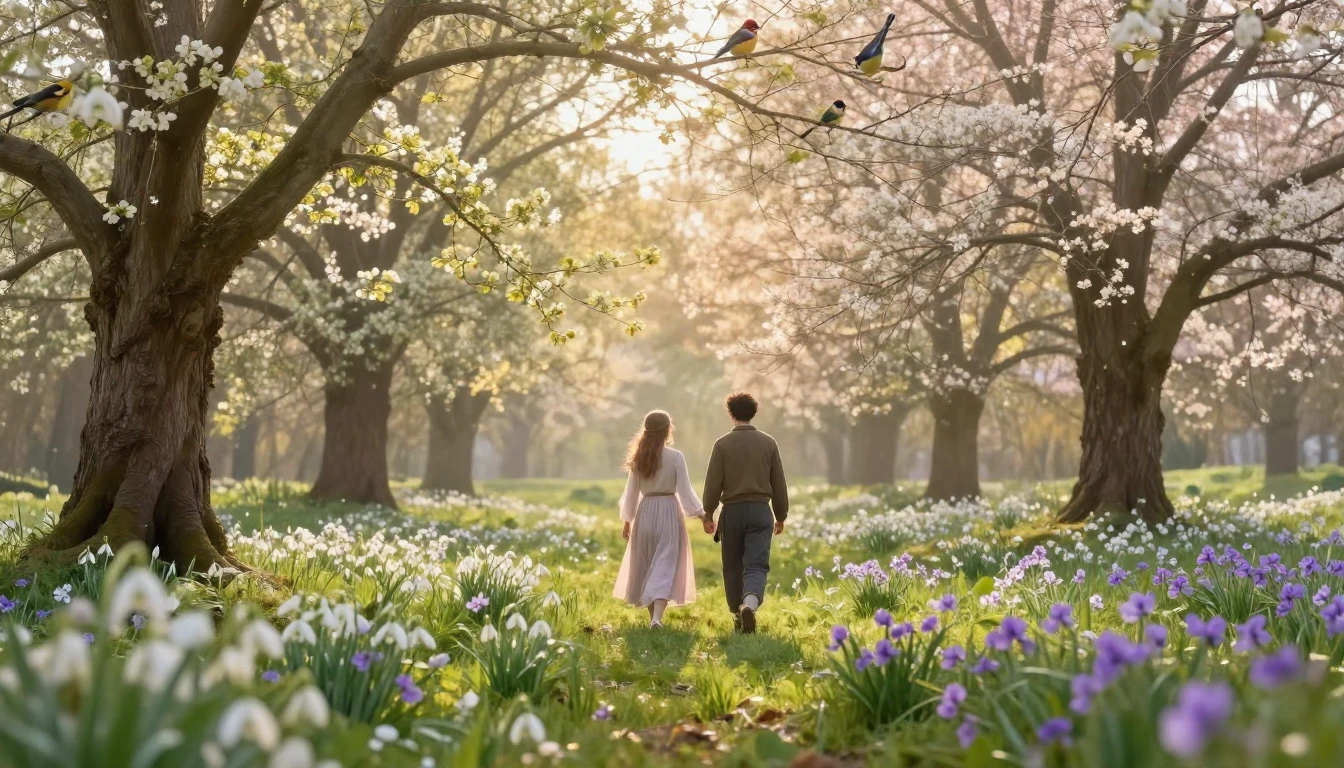 An ethereal and romantic scene in a blooming spring forest. ...