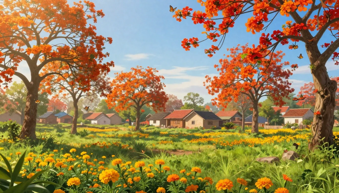 A breathtaking landscape of a rural village during the first...